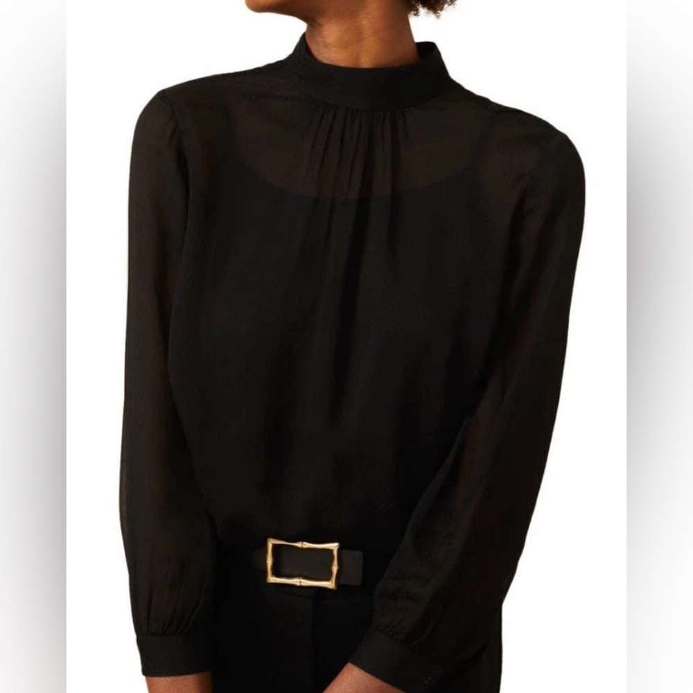 J. McLaughlin Black Sheer Mock Neck Blouse Size Small EUC